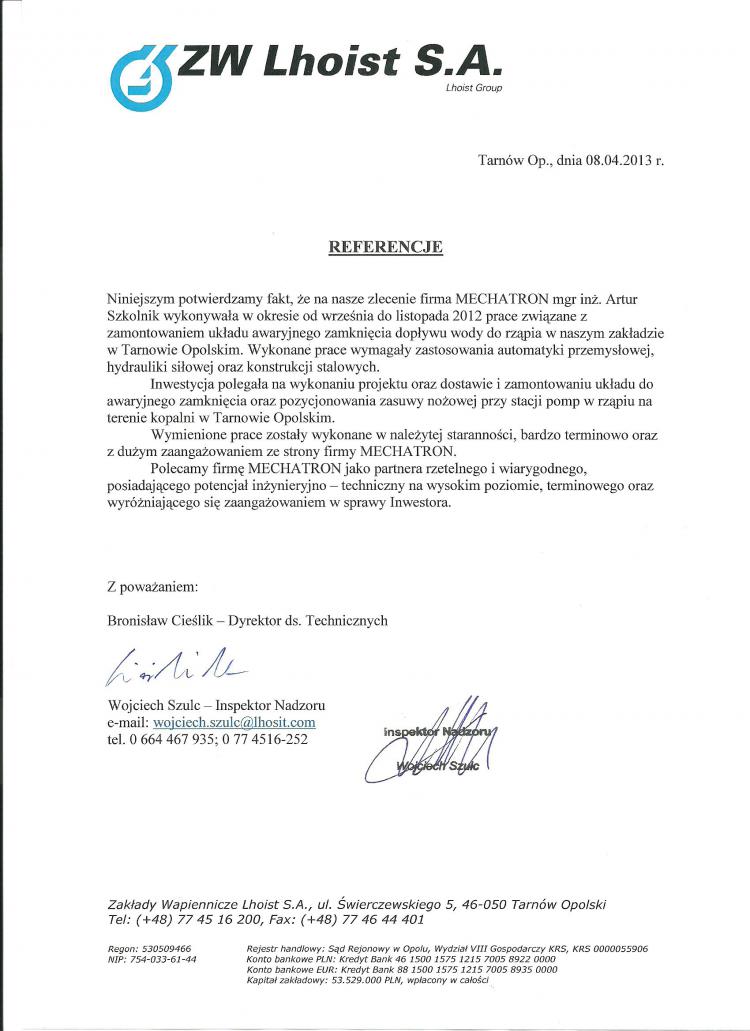 Referencje Zakładów Wapienniczych LHOIST S.A.